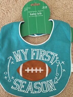Hobby Lobby Teal Baby Bib with Brown Football Applique